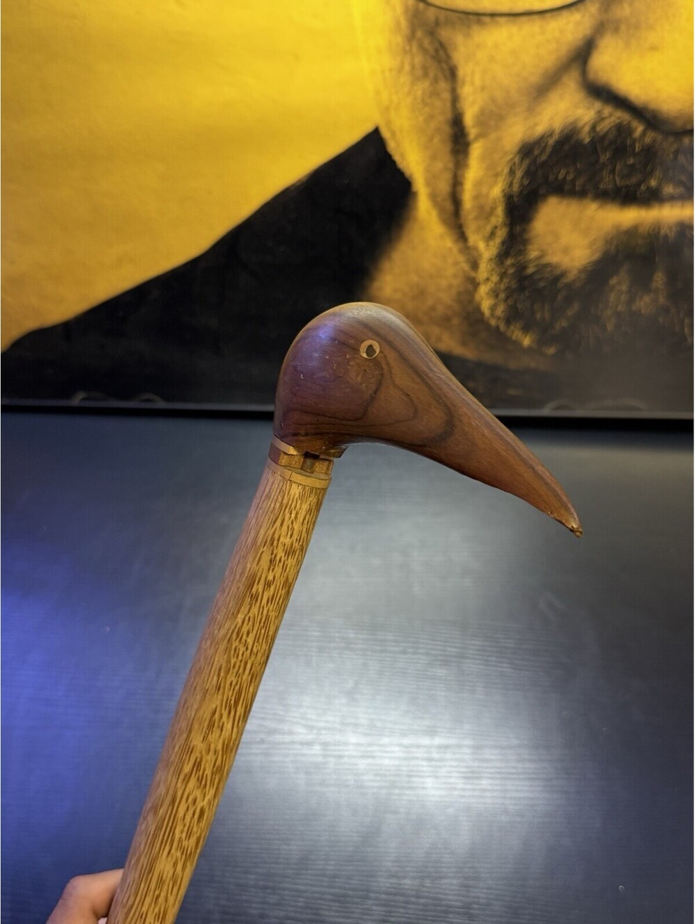 Carved Wood Bird Head Walking Cane Stick 37” Brass Collar Rubber Tip